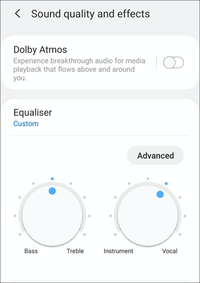 As configurações do equalizador em um Samsung Galaxy S9 no Android 10