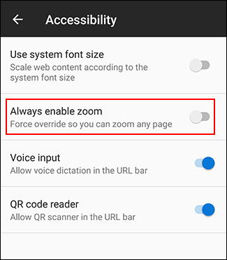 Toque sempre para ativar o zoom no Firefox no menu de acessibilidade do Android