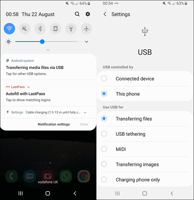 Opções de conexão USB Android