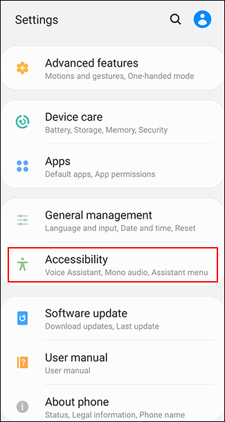 Toque em Acessibilidade no menu de configurações do Android