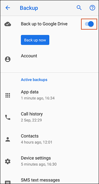 Alternar backup para unidade do Google