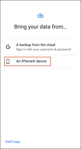 Durante a configuração do novo dispositivo Android, opte por restaurar os dados de um dispositivo iPhone