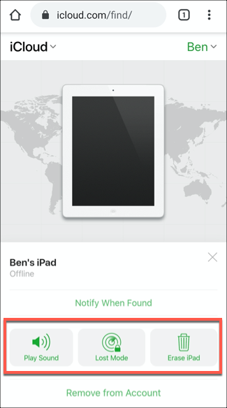 O serviço Find iPhone no Android, mostrando um dispositivo iPad