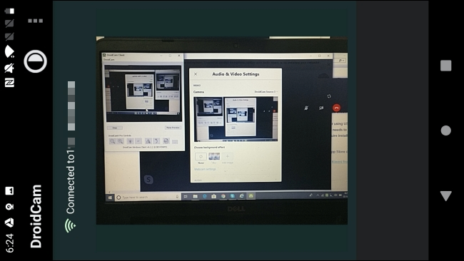Um telefone Android sendo usado como webcam no Windows 10 no aplicativo DroidCam.