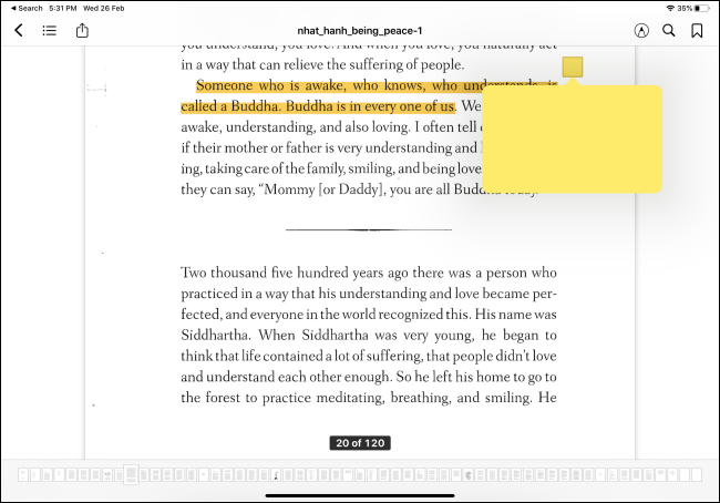 Aplicativo Apple Books mostrando destaque e recurso de notas