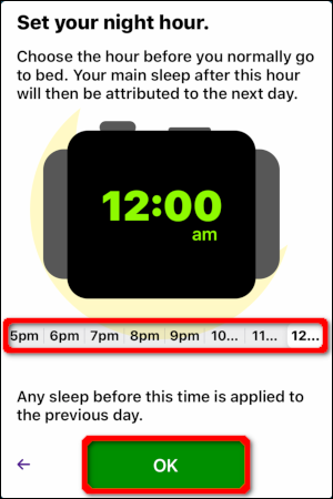 Defina seu Night Hour e toque em "OK".