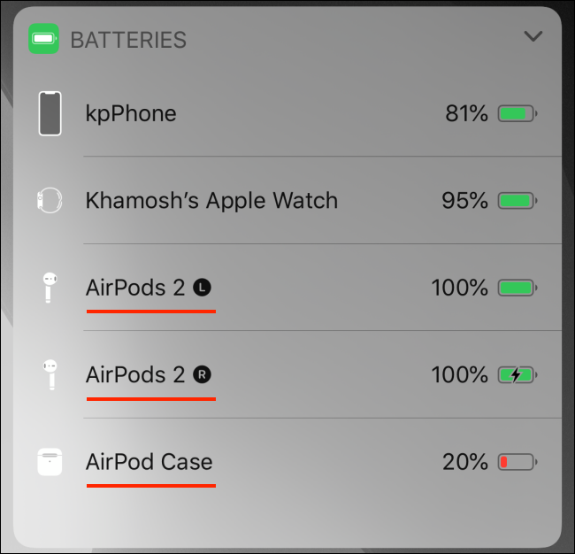 Widget de baterias mostrando a bateria do AirPods no iPhone