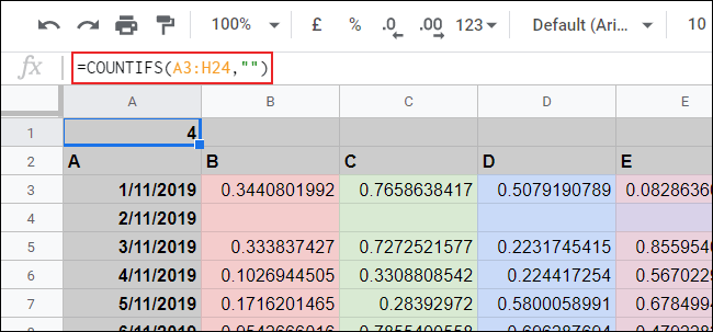 A função COUNTIFS usada em uma planilha do Planilhas Google