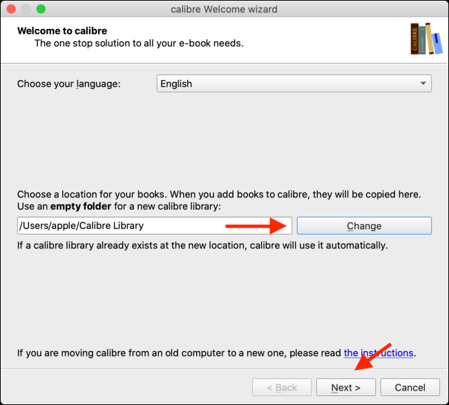 Mude a pasta da Biblioteca do Calibre e clique em Avançar