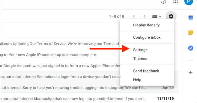 Escolha a opção Configurações no Gmail