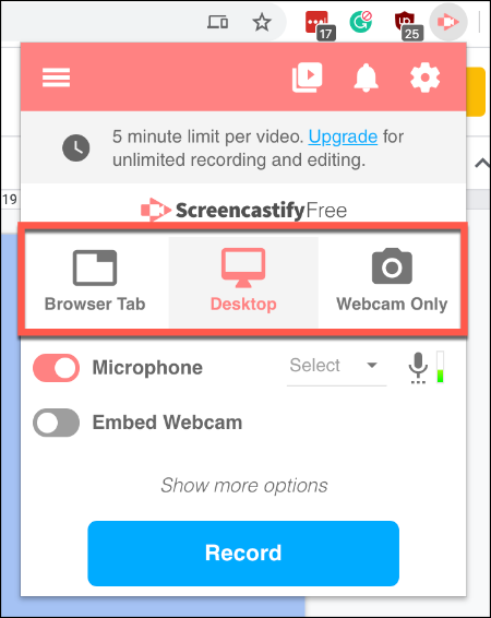 Pressione Screencastify e selecione sua opção de gravação preferida