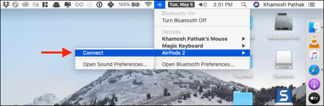 Clique em Conectar no menu AirPods em Bluetooth