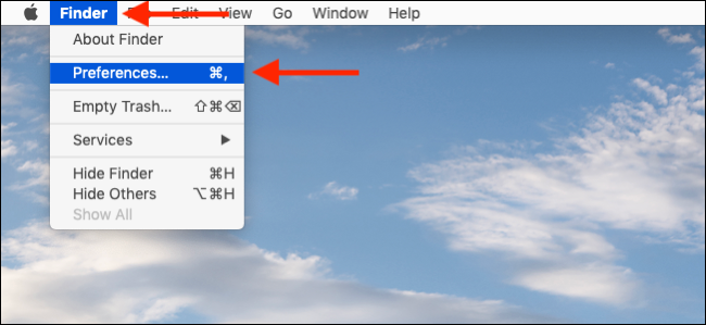 Clique no Finder na barra de menu e selecione Preferências