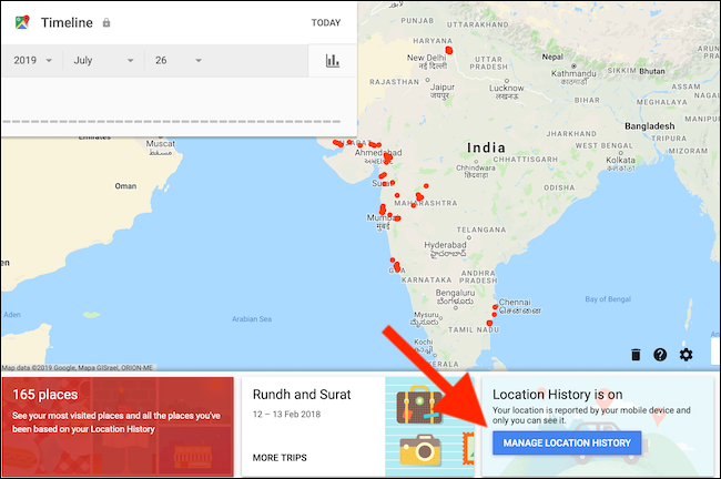 Clique no botão Gerenciar Histórico de Localização na página Linha do tempo do Google Maps