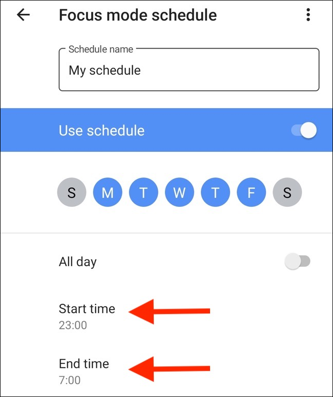 Configure os horários de início e término.