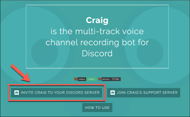 Pressione Convide Craig para o seu Servidor Discord para iniciar o processo de adesão