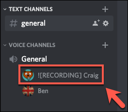Bot Craig Discord em estado de gravação
