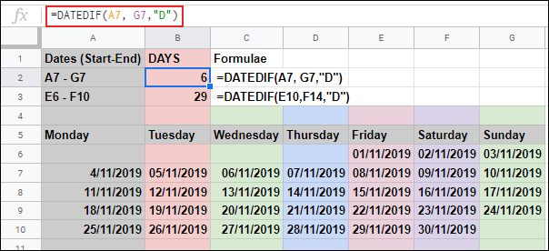A função DATEDIF no Planilhas Google, calculando o número de dias entre duas datas, usando duas referências de células individuais