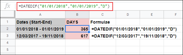 A função DATEDIF no Planilhas Google, calculando o número de dias entre duas datas definidas usadas na fórmula