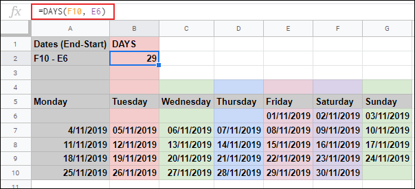 A função DAYS no Planilhas Google, calculando o número de dias retidos em duas outras células