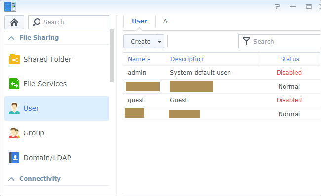 Painel de controle de Synology Opções de usuários com perfil de administrador desativado.