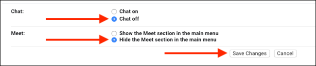 Desative o Hangouts Chat e o Google Meet na barra lateral do Gmail e clique em Salvar alterações