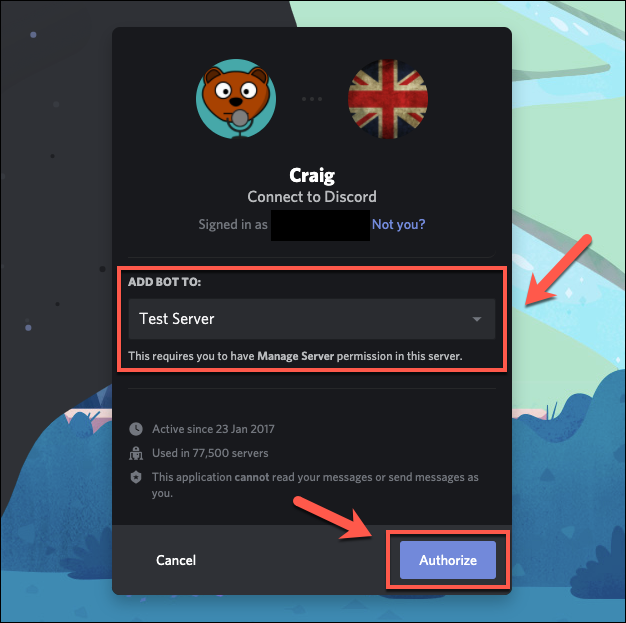 Selecione seu servidor Discord e pressione Autorizar para que o bot Craig se junte ao seu servidor