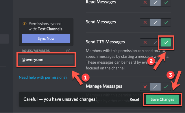 Na guia "Permissões", selecione sua função de usuário e, em seguida, clique no ícone de verificação verde ao lado da opção "Enviar mensagens TTS" antes de clicar em "Salvar alterações" para salvar.