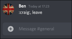 O comando leave em um servidor Discord usando o bot de gravação Craig