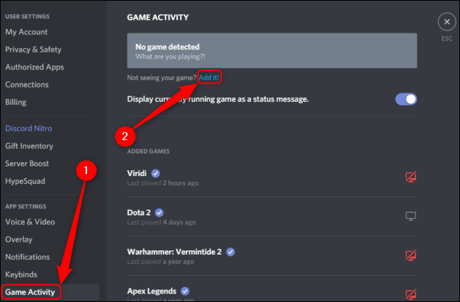 Atividade de jogo do Discord Adicionar um jogo