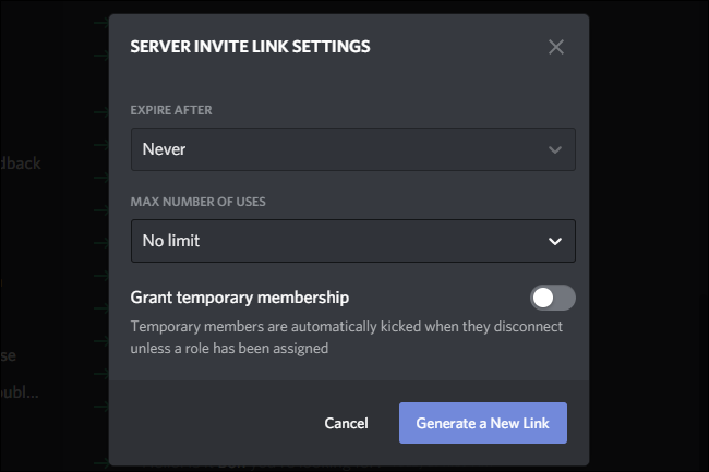 Configurações do link de convite do Discord