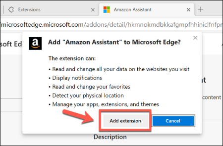 Clique em Adicionar extensão para permitir que uma extensão seja instalada no Microsoft Edge