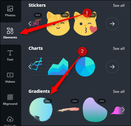 Clique em "Elementos" e escolha aquele que deseja adicionar à sua imagem. 