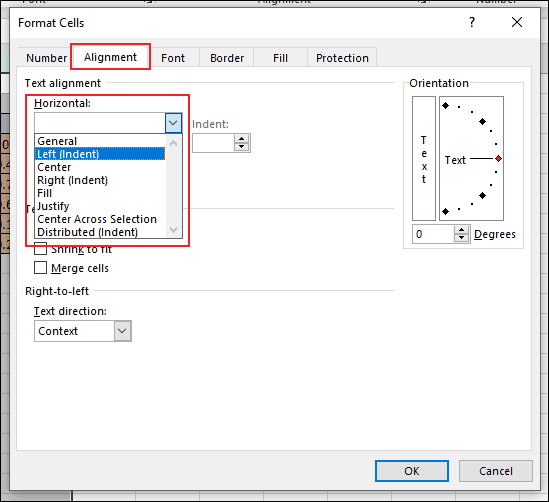 Na caixa de diálogo Formatar células no Excel, clique na guia Alinhamento e clique no menu suspenso "Horizontal", abaixo da seção Alinhamento de texto