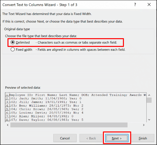 No assistente Converter texto em colunas, escolha Delimitado e clique em Avançar para continuar