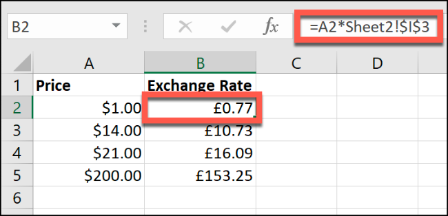 A fórmula "= A2 * Planilha2! $ I $ 3" ​​e a célula B2 destacadas em uma planilha do Excel.