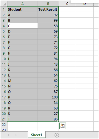 Um intervalo de dados selecionado no Microsoft Excel