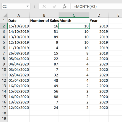 Um exemplo de conjunto de dados do Excel, classificado por mês usando uma fórmula MÊS e a função de classificação
