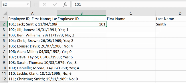 Dados no Microsoft Excel, prontos para o recurso Flash Fill