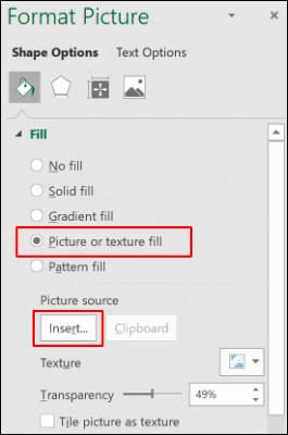 Selecione o botão de opção “Imagem ou Preenchimento de textura” e clique em “Inserir”.