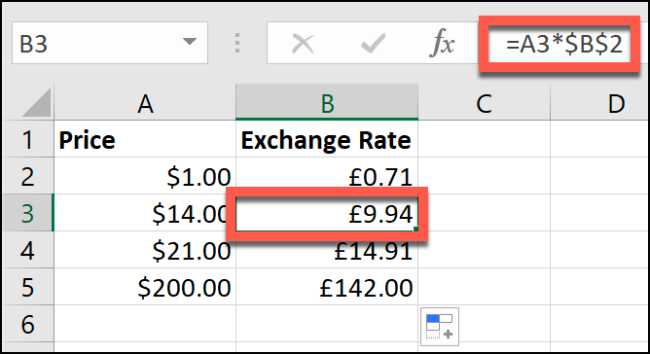 Um exemplo de conversão manual de moeda em uma planilha do Excel.