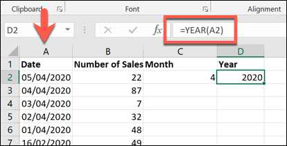 As funções MONTH e YEAR, mostradas em uma planilha do Microsoft Excel