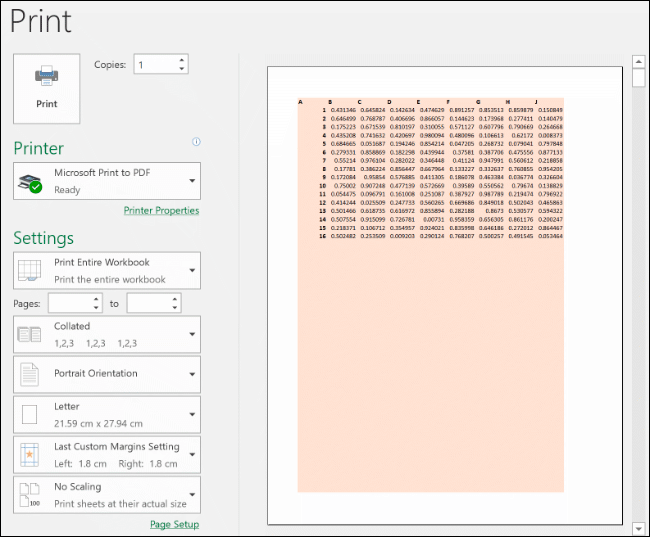 Uma janela de visualização "Imprimir" no Excel.