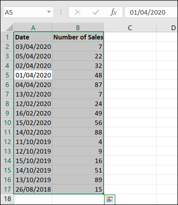 Datas não classificadas em uma pasta de trabalho do Excel.