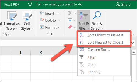 Para classificar os dados do Excel em ordem crescente ou decrescente, clique em Classificar e Filtrar> Classificar do mais antigo para o mais recente ou Classificar do mais recente para o mais antigo