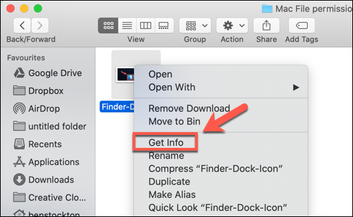 Clique com o botão direito em um arquivo e pressione Obter informações para acessar as permissões do arquivo no macOS