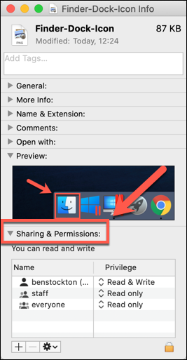 A seção "Compartilhamento e permissões" da janela Obter informações de um arquivo no macOS