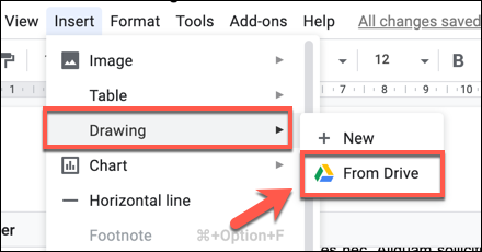 Pressione Inserir> Desenho> Do Drive para adicionar um desenho do Desenhos Google ao seu documento do Google Docs