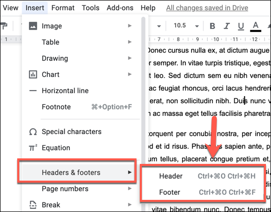 Para adicionar um cabeçalho ou rodapé no Google Docs, pressione Inserir> Cabeçalhos e Rodapés e clique em Cabeçalho ou Rodapé