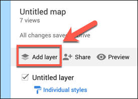 Pressione Adicionar Camada para adicionar uma camada personalizada a um mapa personalizado do Google Maps